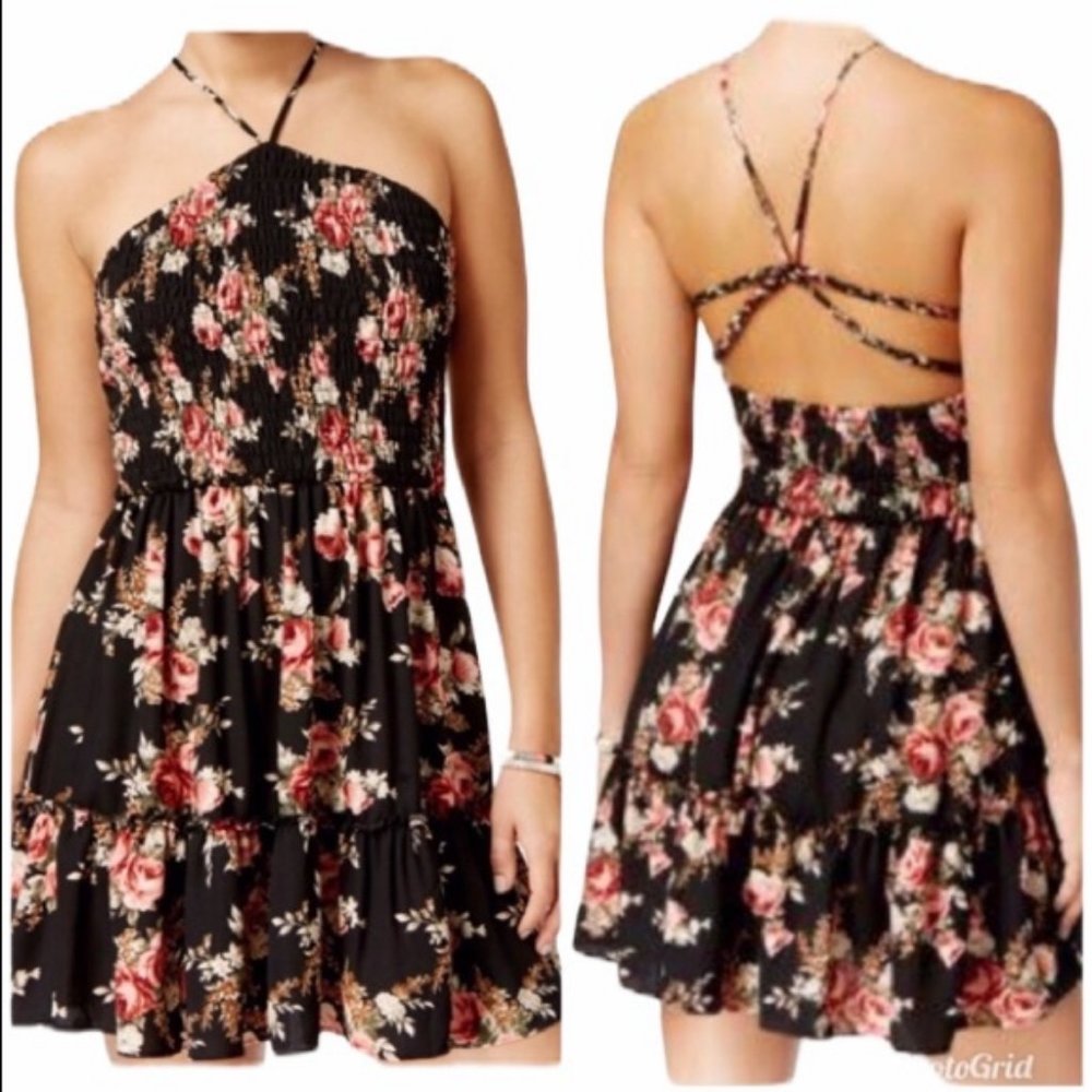 B Darlin Strappy Floral Fit Flare Mini Dress Black